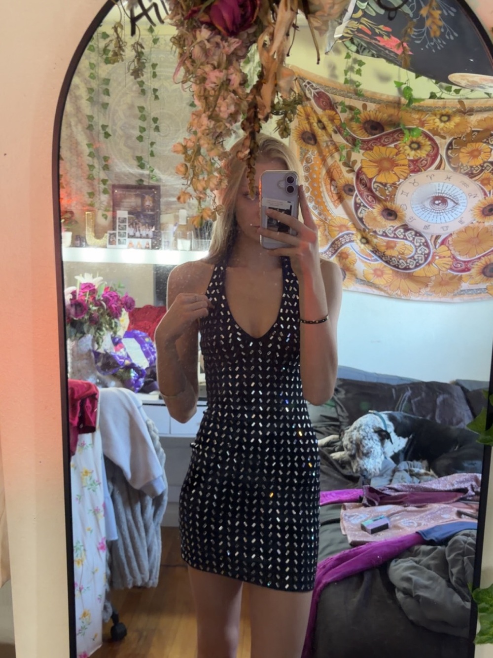 Black Patterned Halter Mini Dress